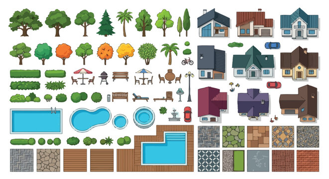 landscape elements vector collection trees houses pools