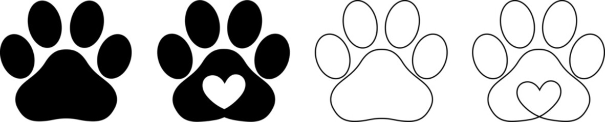 Outline vector silhouette cute paw prints. dogs and cats isolated on white background © lubashka