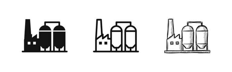 Industrial factory plant with large storage silos and tanks icon set © drawing lines