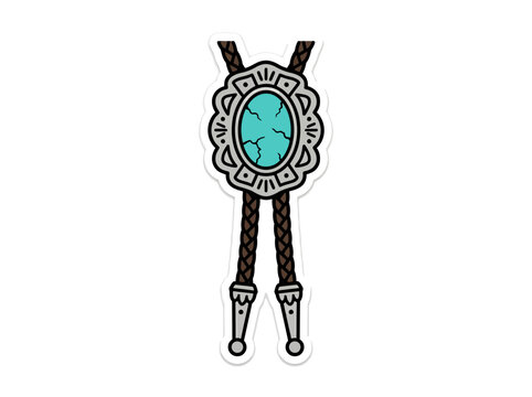 A detailed illustration of a turquoise bolo tie with a black cord and silver tips on a white background.