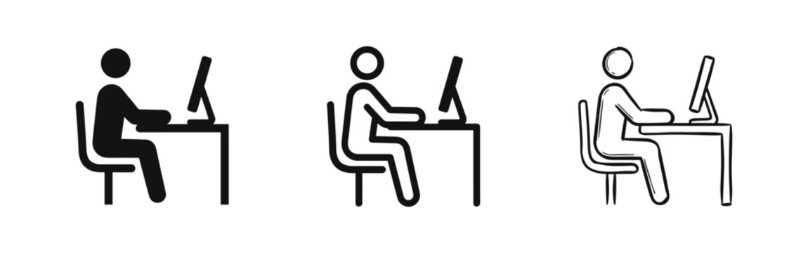 Office worker sitting at desk with computer monitor icon set