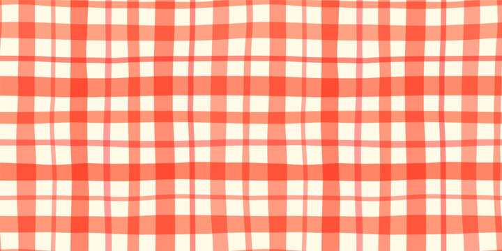 Red check seamless vector pattern, Cute organic lines painted plaid for for summer picnic designs, restaurant menus, cottage kitchen tablecloths, towels and blankets