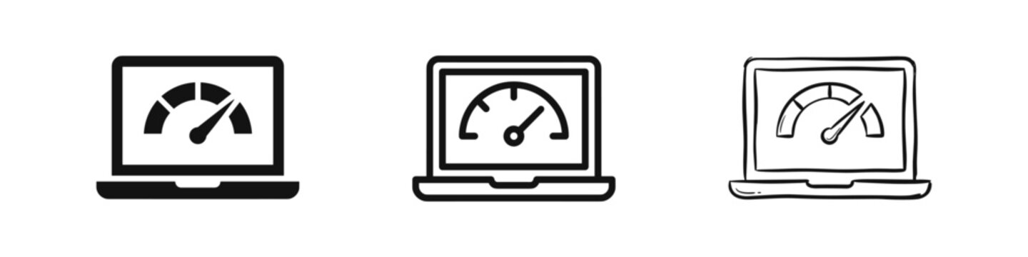Laptop computer speed and performance gauge meter icon set