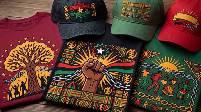 Juneteenth apparel and merchandise featuring bold freedom graphics with fist breaking chains, cultural symbols and celebratory prints for t-shirt and hat design and retail display
