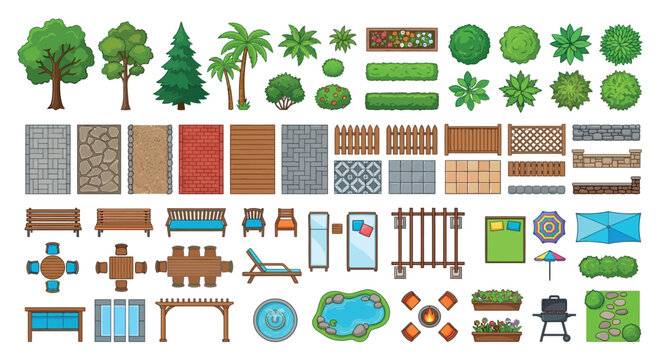 garden elements vector illustration trees plants furniture