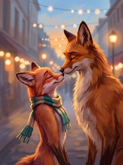Naklejka premium Tender fox pair nuzzling on a lantern lit street at dusk for romantic poster or children book cover background