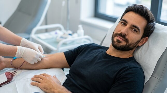 Generado por IA: Hombre hispano donando sangre en una cl&iacute;nica moderna. Concepto del D&iacute;a Mundial del Donante de Sangre, altruismo y desarrollo de la salud