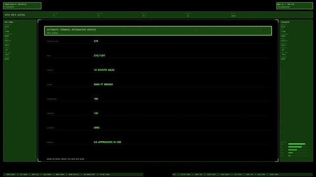 Green aviation terminal interface element displaying real time ATIS airport data, weather telemetry, and runway status. Loops seamlessly with transparent alpha channel for video compositing