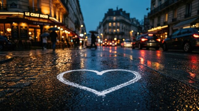 White chalk heart drawing on the wet cobblestone street of Paris during a rainy evening with warm glowing city lights