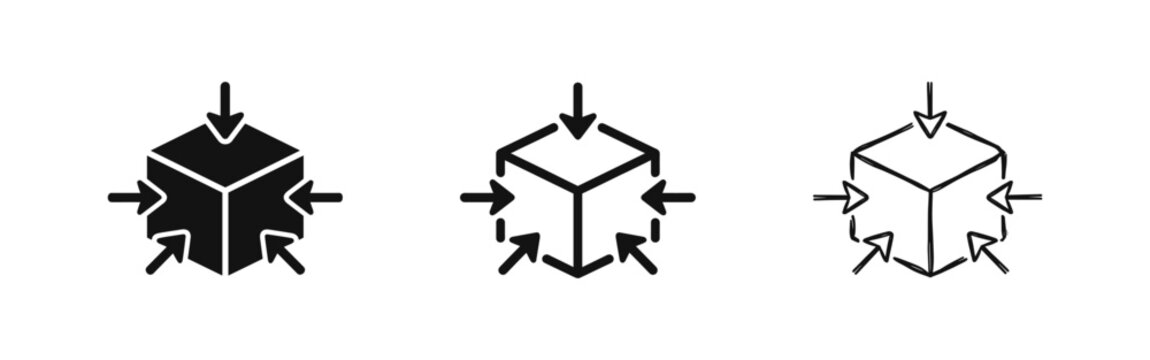 3D Cube with Inward Arrows Icon Set - Compression and Packaging Concept