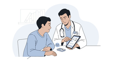 Fototapeta premium Doctor showing medical results on tablet to patient, consultation, healthcare concept