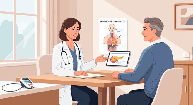 Doctor Explains Pancreas Health to Patient with Digital Tablet