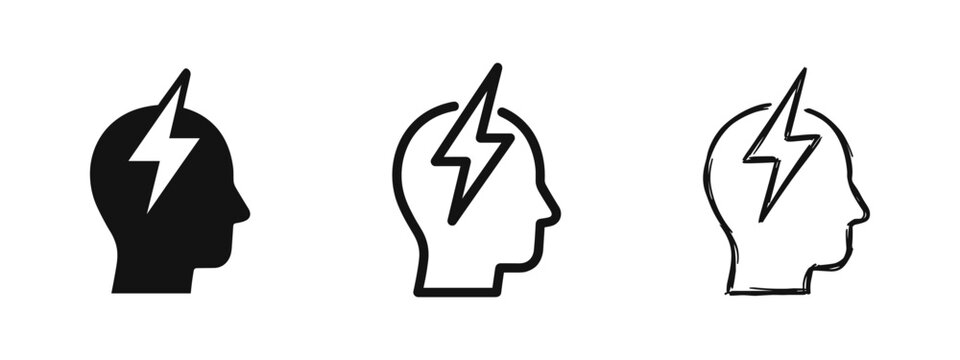 Human Head with Lightning Bolt Brainstorming Idea and Innovation Icons Set