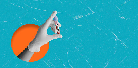Art collage showing a hand holding an ebola test tube with a bright background depicting health and disease awareness © beast01