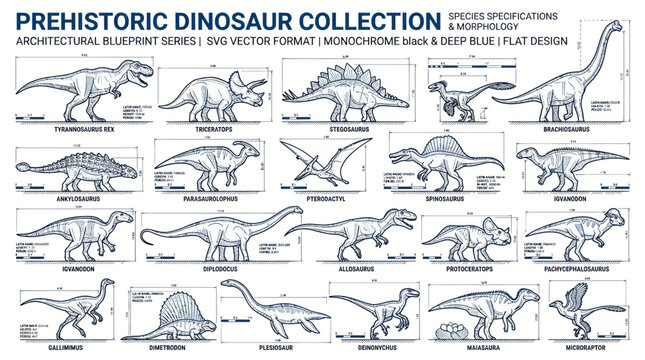 Prehistoric Dinosaur Collection Blueprint - Vector Graphics