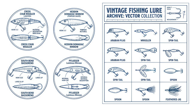 Vintage Fishing Lures Vector Collection: Retro Angling Baits and Tackle