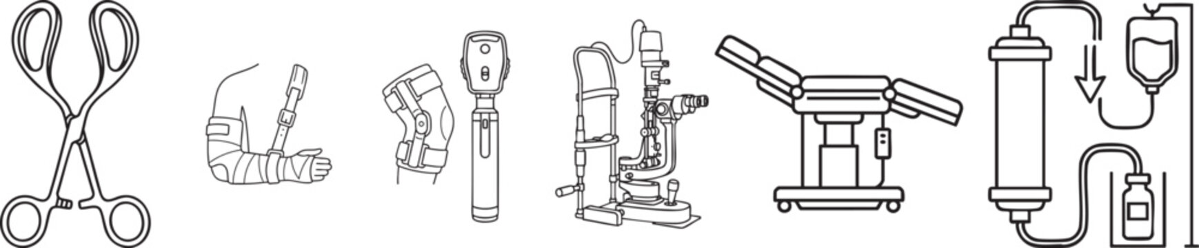 Medical procedure and rehabilitation equipment line icons including clamp arm cast knee brace ophthalmoscope slit lamp chair dialysis machine for patient recovery