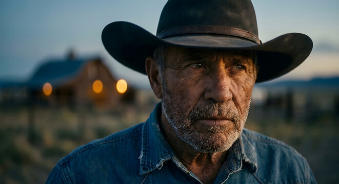 Retrato en primer plano de un vaquero anciano y pensativo con sombrero, frente a un rancho al atardecer