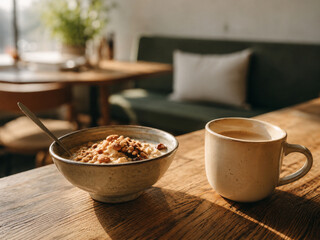 Fototapeta premium Coffee Mug and Oatmeal Bowl on Wooden Table in Sunny Home Kitchen for Healthy Breakfast Lifestyle Moment