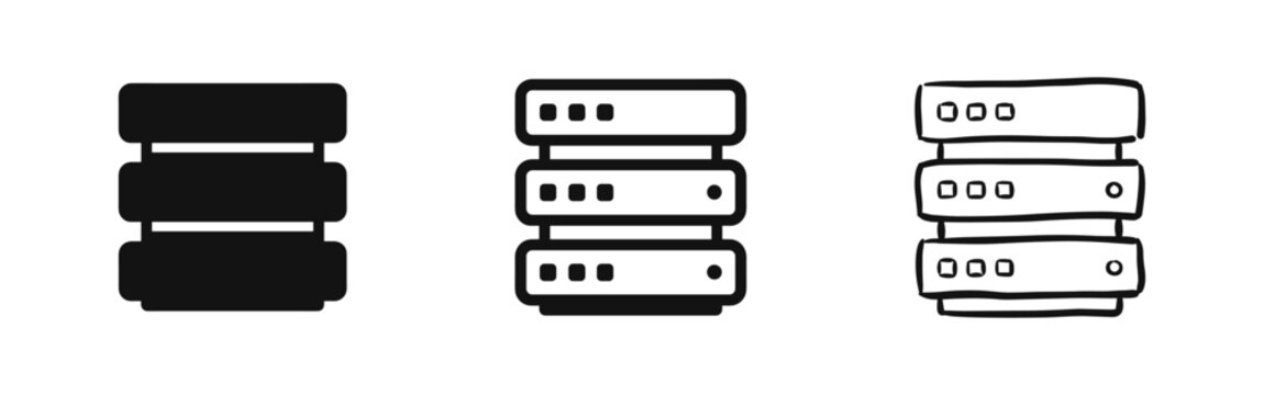 Data Server Rack Icon Set in Solid Outline and Hand Drawn Styles