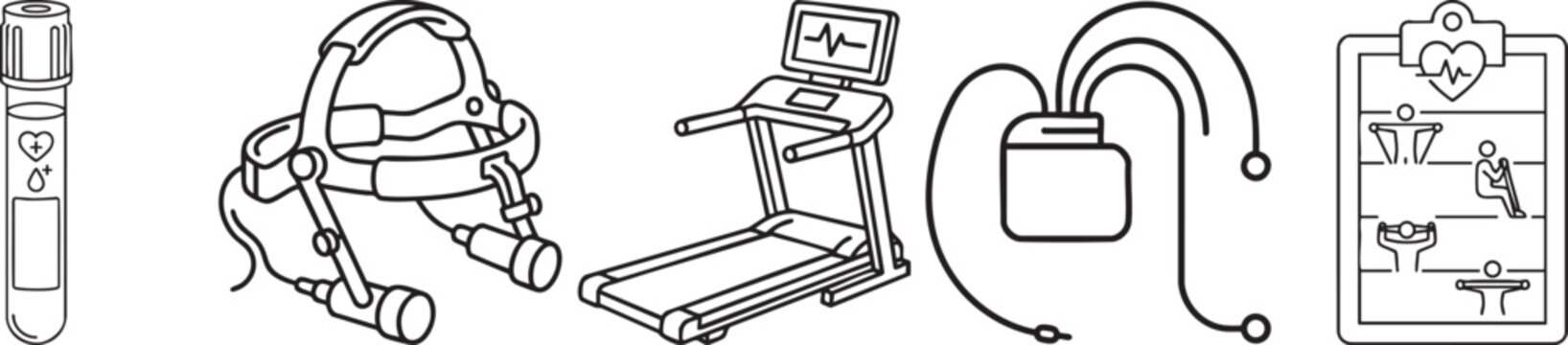 Medical equipment vector icon set featuring blood sample tube, surgical headlamp, treadmill, heart monitor, and a patient information clipboard