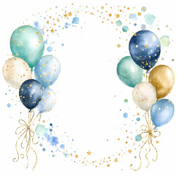 Watercolor blue and gold balloons wreath for celebration