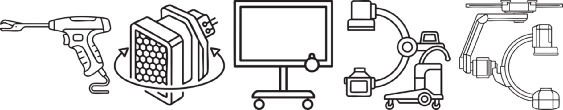 Medical surgical and imaging equipment icons representing advanced hospital diagnostic technology and modern operating room procedural tools in line art vector style