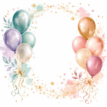 Watercolor balloons frame with gold glitter sparkles