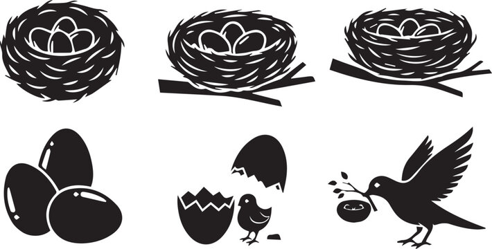 Bird Nest Egg Hatching Icon Set Vector Illustration Black Silhouette