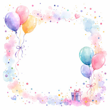 Colorful watercolor birthday balloons frame with confetti