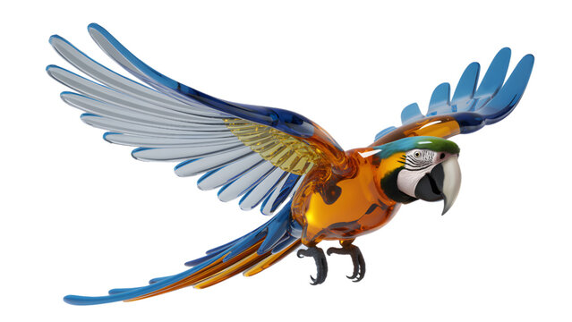 Macaw Flying with Spread Wings on White Background
