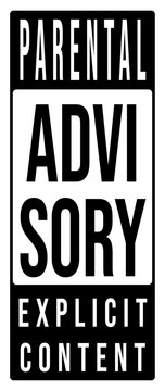 Vertical parental advisory explicit content label in monochrome style. Clean warning design suitable for music artwork, digital products, media packaging, publishing, and content rating systems