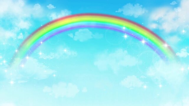 虹　青空　ループ動画　キラキラ　爽やか　光る　水彩　シンプル　抽象的　ポップ　Sky with rainbow and clouds.Glowing rainbow.Watercolor animation background.
