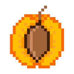 Fototapeta premium Peach half pixel art icon showing seed in retro game style. Fruit illustration isolated for gaming and digital content