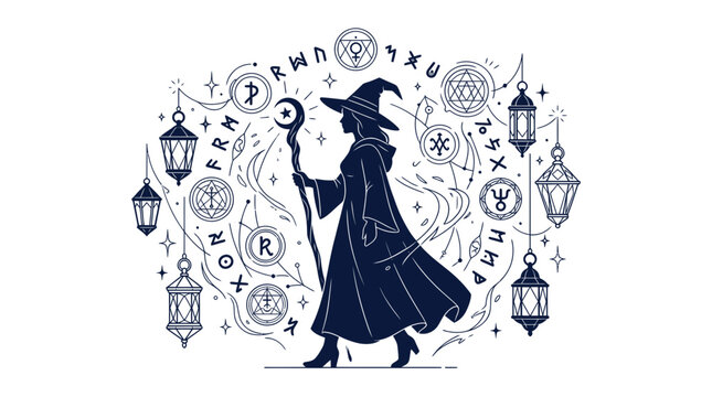 Mysterious Witch with Staff and Magical Symbols, Lanterns, Esoteric Circle