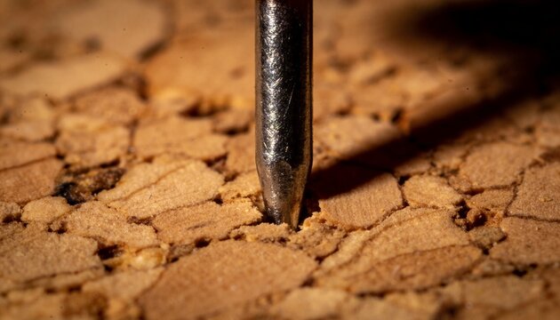 Pressing metallic pin tip crushing cork surface on workbench, making crumbs and warm shadows