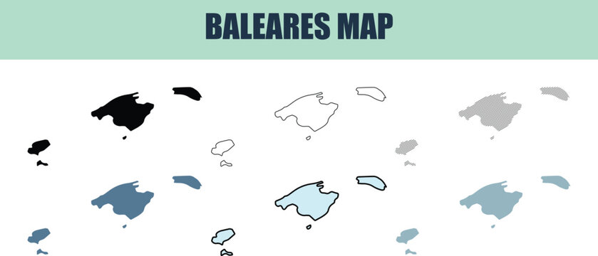 Balearic Islands map outlines in various styles on a white background with a mint green header
