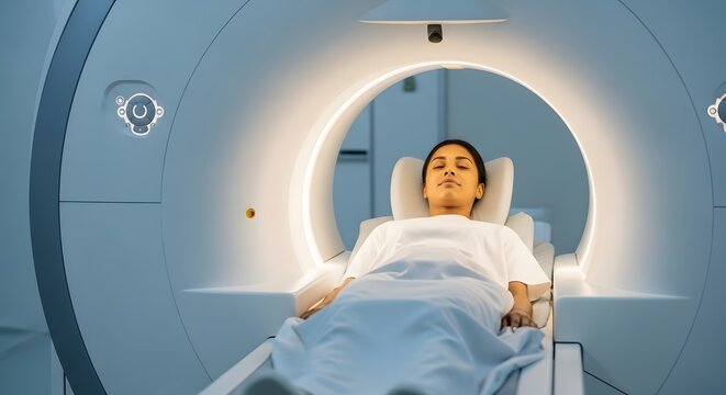 Patient sliding into a medical MRI scanner for diagnostic imaging