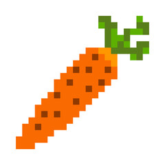 Fototapeta premium Orange carrot pixel art icon in retro 8 bit style. Vegetable illustration isolated for games, stickers and digital design