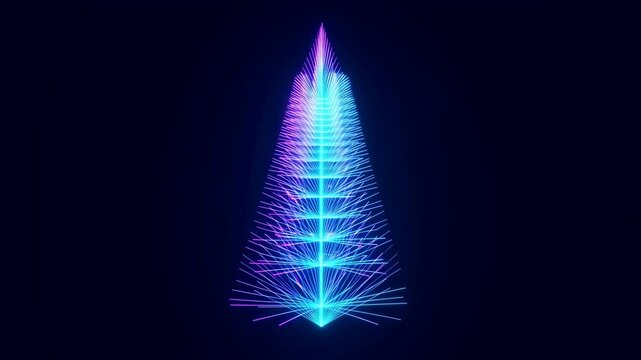 Abstract neon 3D Christmas tree rotating on dark background