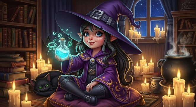 Little witch holding glowing potion in candlelit magical library