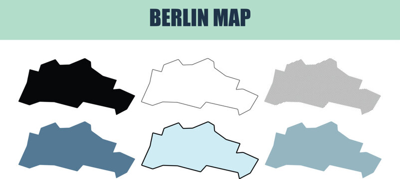 Stylized Berlin map outlines in various solid colors and patterns against white background