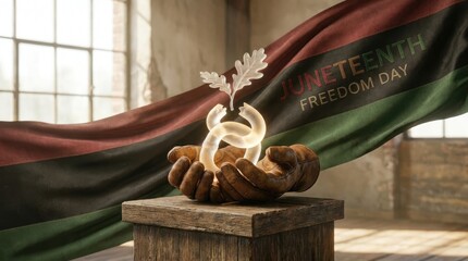 Juneteenth flag, showcasing United States liberation day, commemorating emancipation for slaves on June 19, an important U.S. federal holiday signifying freedom.