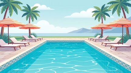 Fototapeta premium Modern Swimming Pool Vector Illustration with Luxury Resort and Crystal Clear Water