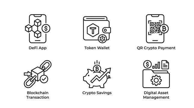 Set of Six Cryptocurrency and Blockchain Line Icons.