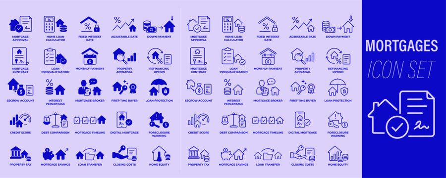 Mortgage icon set with home loan, property financing, refinancing and real estate line icons in monochrome blue style