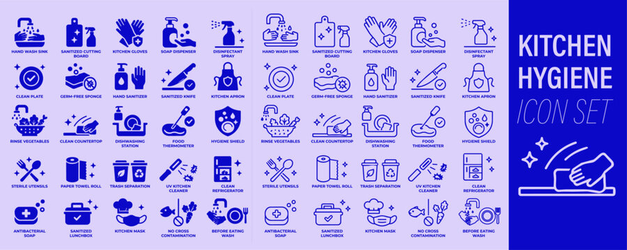 Kitchen hygiene icon set with hand washing, food safety, cleaning and sanitation line icons in monochrome blue style