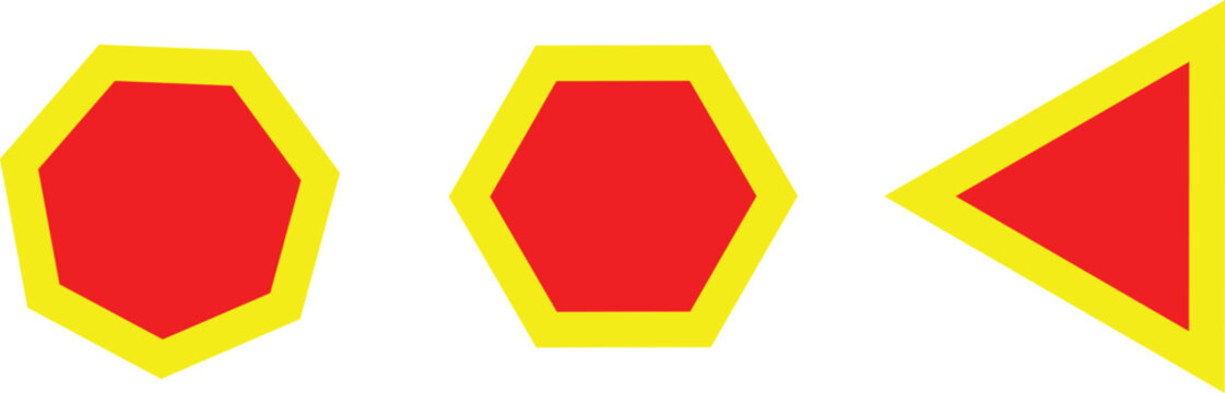 Three simple geometric shapes including a heptagon hexagon and triangle with bold red centers and bright yellow outlines isolated on a white background representing graphic design elements