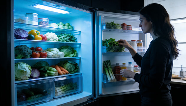 Reaching woman wearing dark top holding bottle, grabbing greens from fridge in kitchen, copy space