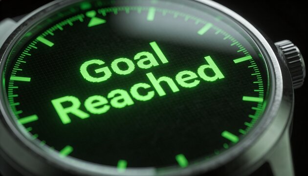 Displaying round smartwatch face glowing neon-green 'Goal Reached' text in studio, curved glass